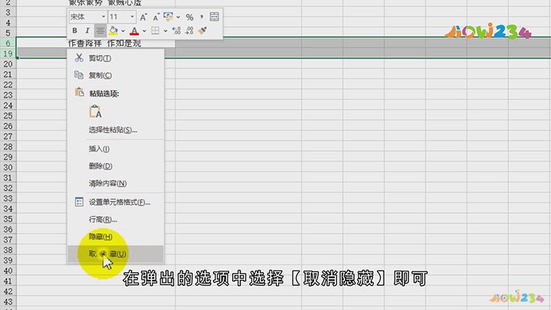 Excel如何取消隐藏行